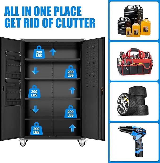 Upgraded Wide & Deep Extra Large Metal Storage Cabinet on Wheels,Lockable Garage Cabinets with 3 Pegboards,2 Tool Pouches for Garage,Office,Assembly Required,Black,43.3''W x 21.6''D x 72''H by GreenHaven Gardens