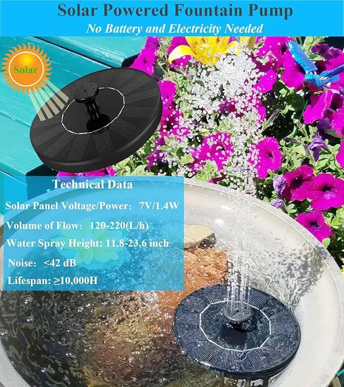 Solar Bird Bath Fountain Pump with 6 Nozzle and Anti-Collision Pole,1.4w Solar Powered Free Standing Floating Water Pump for Fish Tank, Pond, Pool, Garden and Outdoor by GreenHaven Gardens