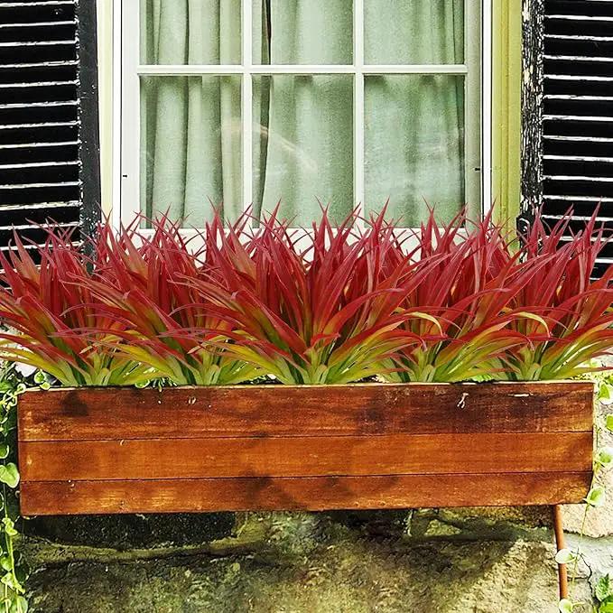 16Pcs Artificial Grass Fake Plants 17.3in Outdoor Plants UV Resistant Greenery Stems Fake Grass for Home Window Garden Office Patio Pathway Front Porch Décor Light Green & Red by GreenHaven Gardens