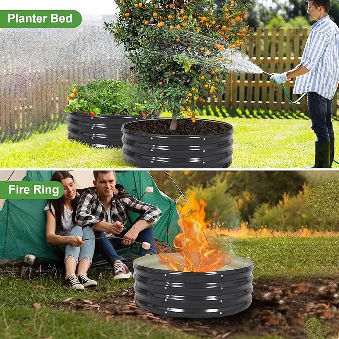 Galvanized Raised Garden Bed- 2Pcs 3x3x1FT Metal Planter Boxes Outdoor | Round Steel Raised Bed Kit & Fire Pit Ring for Gardening with Protective Tape, Gloves for Vegetables, Flower (Grey) by GreenHaven Gardens