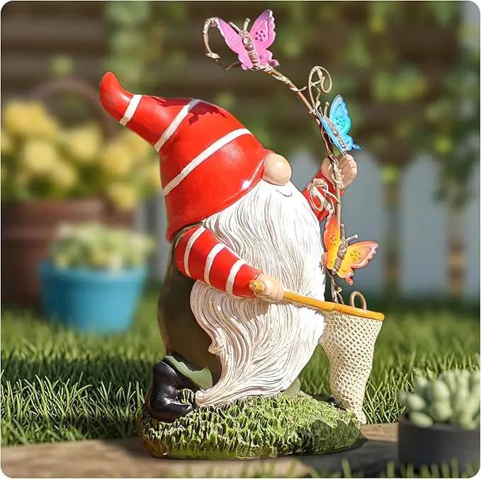 Solar Powered Gnome Garden Statue with Iron Butterflies - LED Lighted Garden Decorations, Resin Gnome with Butterfly Net, Gifts for Women and Men，Outdoor Decor Ornaments for Outside by GreenHaven Gardens