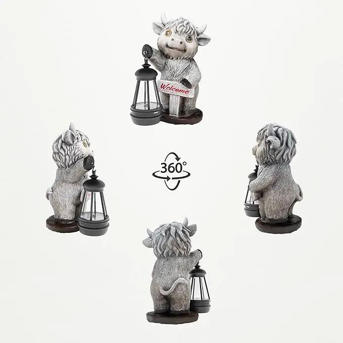 Highland Cow Statues with Solar Lights, Highland Cow Resin Figurine Lights, Highland Cow Ornaments for Patio, Balcony, Indoor Decoration and as Gifts by GreenHaven Gardens