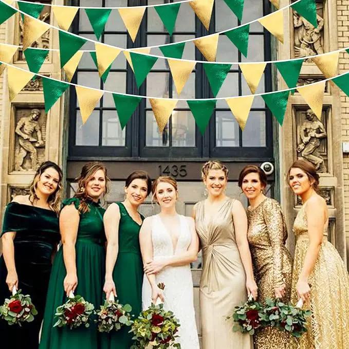 Green Gold Party Decorations Metallic Fabric Triangle Pennant Banner Flag Bunting Garland for Graduations Birthday Retirement Wedding Baby Shower Spring Summer Master Golf Theme Outdoor Party Supplies by GreenHaven Gardens