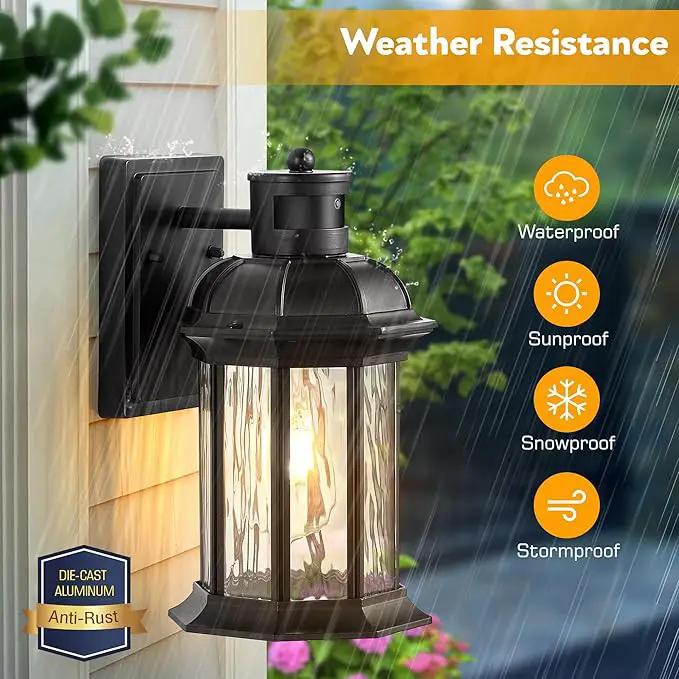 VIANIS Dusk to Dawn Motion Sensor Outdoor Porch Lights, Modern Black Exterior Porch Light Fixtures Wall Mount, Anti-Rust Aluminum Waterproof Wall Lantern With Tempered Ripple Glass For Garage Entryway by GreenHaven Gardens