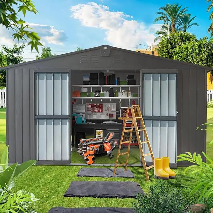 Domi Outdoor Storage Shed 11’ x 9’, Metal Sheds with Galvanized Steel Frame & Windows & Lockable Door, Garden Shed Tool Storage Room for Patio, Grey by GreenHaven Gardens
