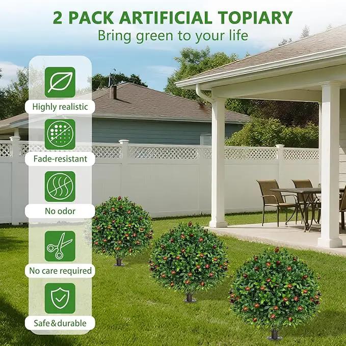 Artificial Olive Topiary Ball Trees with Ground Spike, Set of 2 UV Resistant Artificial Shrubs, Fake Evergreen Artificial Plant Bushes for Indoor Outdoor Front Porch Garden by GreenHaven Gardens
