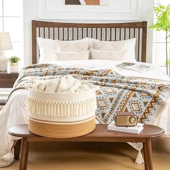 KAKAMAY Large Blanket Basket (20"x13"),Woven Baskets for storage Baby Laundry Hamper, Cotton Rope Blanket Basket for Living Room, Laundry, Nursery, Pillows, Baby Toy chest (Brown Fringe) by GreenHaven Gardens