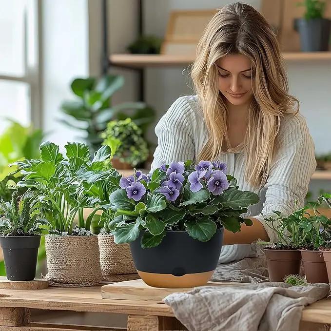 10 Inch Pots for Indoor Plants, Large Self Watering Planters with Drainage and Saucers, Plastic Outdoor Flower Pot, Set of 2, Grey by GreenHaven Gardens