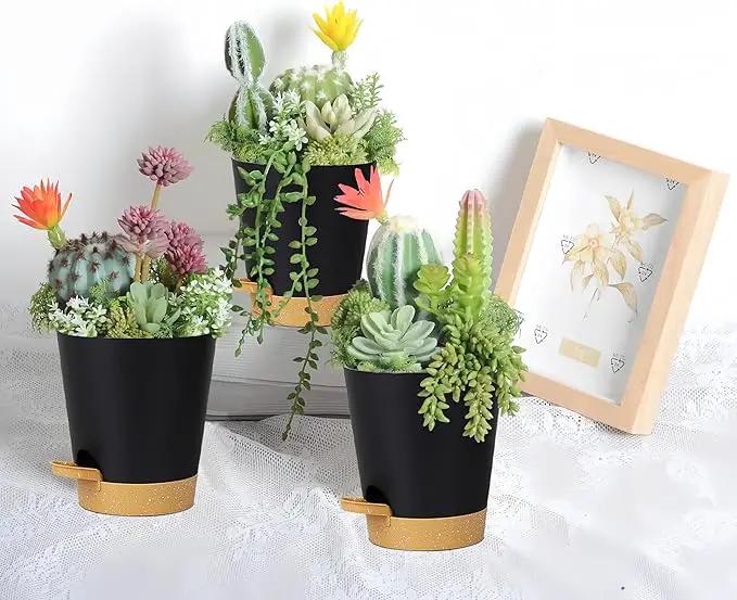 12 Pack 4 Inch Self Watering Plant Pots with Drainage and Saucers，Plastic Flower Pots for Indoor and Outdoor Plants, Nursery Planters for Houseplants and Herbs Black Brown, 4 inch 12pcs by GreenHaven Gardens