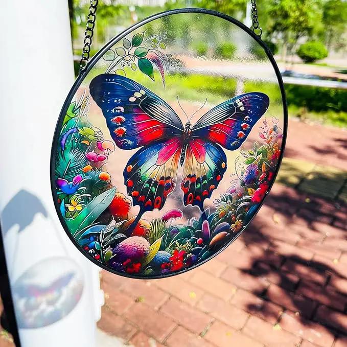 RIVEENY Butterfly Stained Glass Window Hangings, 8" Monarch Butterfly Hanging Stained Glass for Windows, Sun Catcher Garden Hangings Christmas Mother's Day, Valentine's Day Ornaments Festival Gift by GreenHaven Gardens
