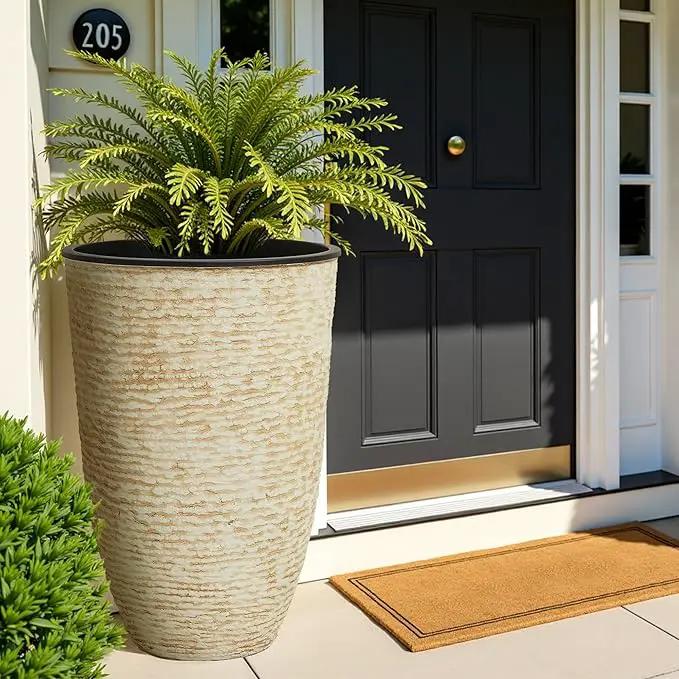 WORTH Garden 2-Pack 21" H. Beige Tall Planters with Inside Pots - 14'' Dia Plastic Large Round Plant Tree Pots - Decorative Imitation Stone Finish for Indoor Outdoor Front Porch Container Patio by GreenHaven Gardens