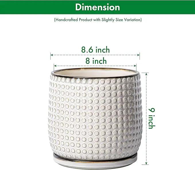 D'vine Dev 8 Inch Ceramic Beaded Stoneware Planter Pot - Flower Pot with Drainage Holes and Saucers for Indoor Succulent Plants or Flowers, Smoked White, 27-C-Q-1 by GreenHaven Gardens