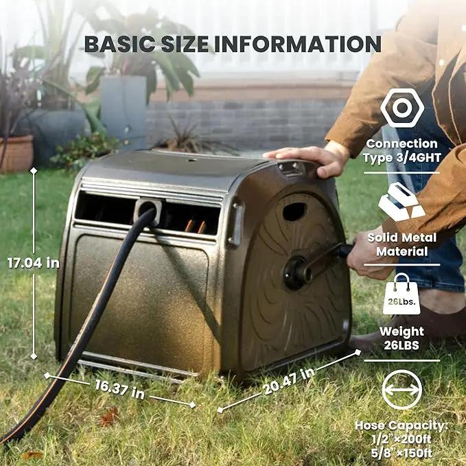 Giraffe Tools SW5 Metal Hose Reel Box, Heavy Duty Garden Hose Storage Reel Hideaway, Crank Handle, 150ft 5/8" Hose Capacity, Green by GreenHaven Gardens
