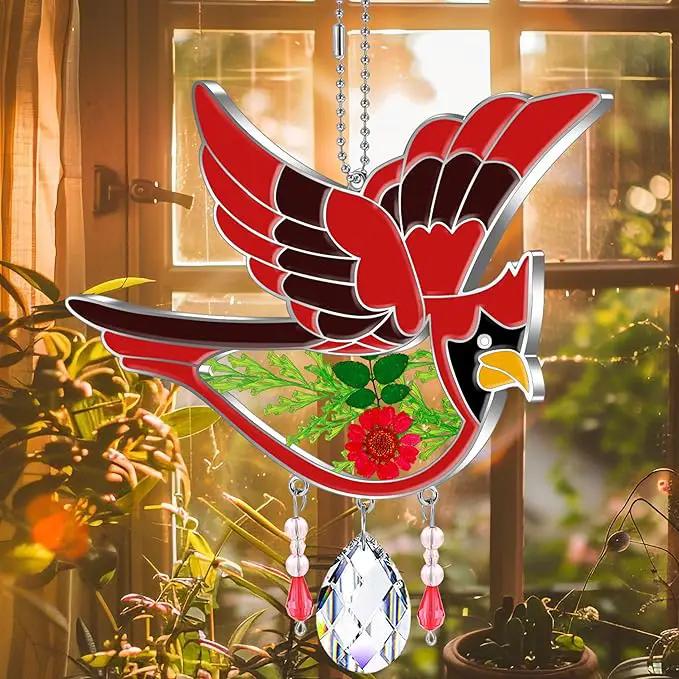 KY&BOSAM Cardinal Suncatcher Crystal Had Painted Glass Sun catchers Hangings for Windows Ornament with Pressed Real Flower and Heart Charm Birthday Gifts for Women Mom Mother's Day Christmas Mom Gifts by GreenHaven Gardens