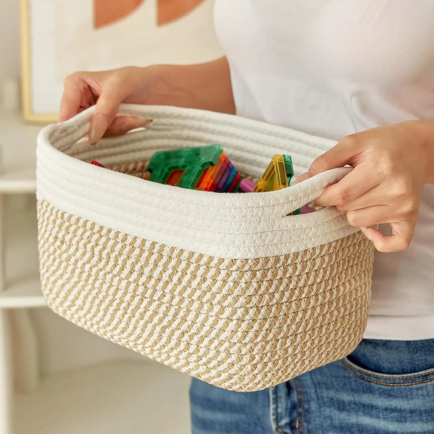 Small Cotton Rope Basket – Storage Bin for Organizing (10.6" x 6.7" x 6.7"), Bathroom Storage Basket for Shelf, Counter & Closet（White & Mixed Camel） by GreenHaven Gardens