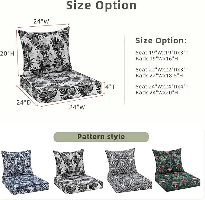 Favoyard Outdoor Seat Cushion 24 x 24 x 4 in Waterproof Pattern Fade Resistant Cover Removable Patio Furniture Cushions Deep Seat & Back Cushion Set with Adjustable Straps for Patio Chair Sofa Couch by GreenHaven Gardens