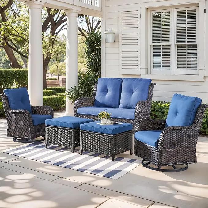 Outdoor Wicker Patio Furniture Set - 5 Piece Rattan Patio Conversation Set with 2 Rocking Swivel Chairs,2 Ottomans and 1 Loveseat for Porch Deck Backyard Garden(Brown/Blue) by GreenHaven Gardens