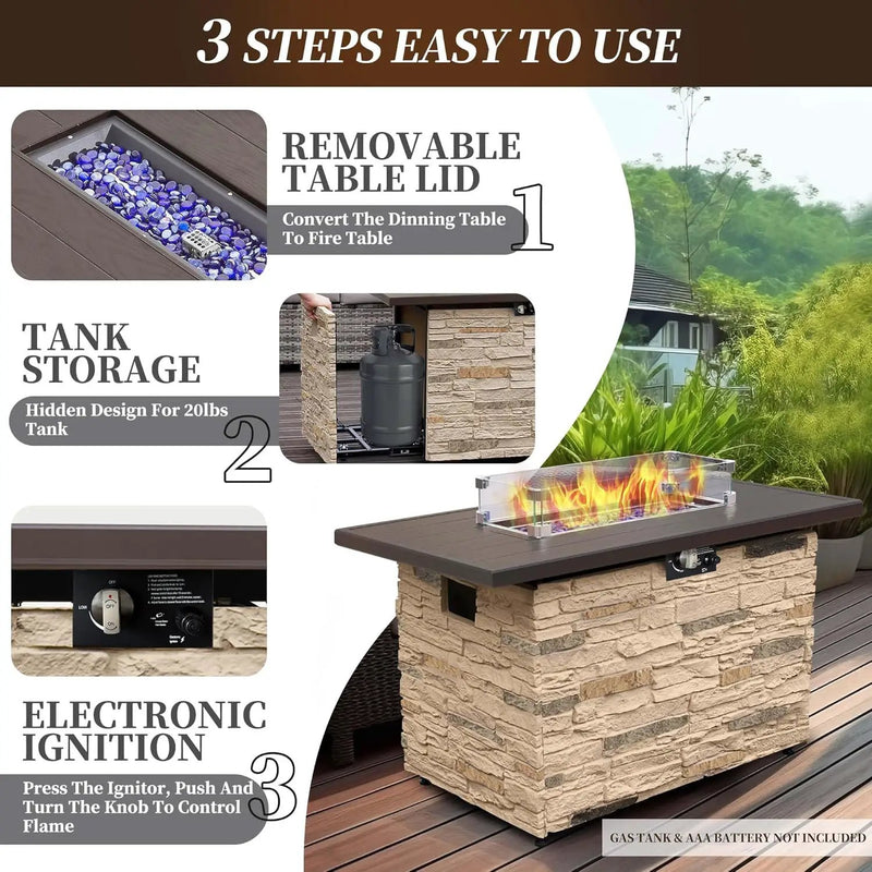 43¡± Propane Fire Pit Table Outdoor Rectangular Stone Firepit Table 50,000 Btu Propane Fire Tables for Outside Patio with Glass Wind Guard, Lid, Fire Glass Beads,Buff Rock Look by GreenHaven Gardens