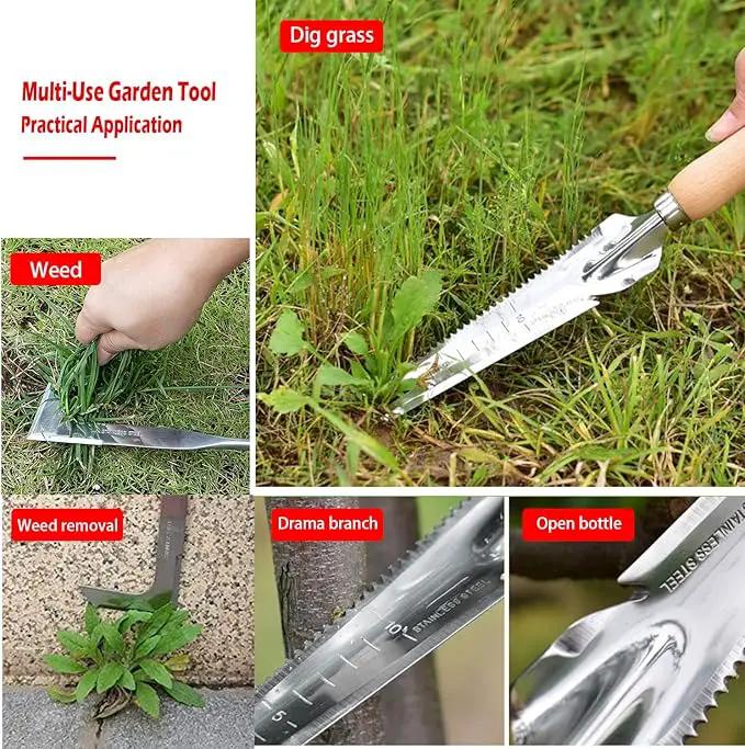 SOMOLUX Gardening Hand Weeder Tool Set, Multifunctional Garden Tools Stainless Steel with Wooden Handle for Garden Lawn Yard Planting Digging Measuring Pruning Cutting 2 Pack by GreenHaven Gardens