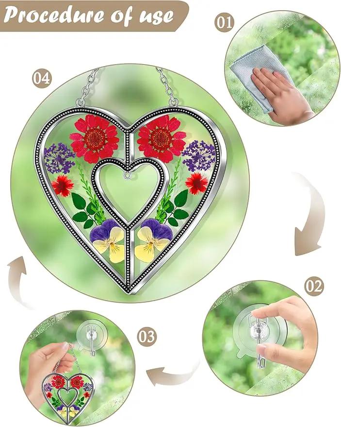 KY&BOSAM Heart Suncatchers DIY Stained Glass Hangings for Windows Wind Chimes Home Gardner Decor with Pressed Real Flowers Heart No Charm Birthday Gifts for Women Mother`s Day Christmas Ornamets by GreenHaven Gardens