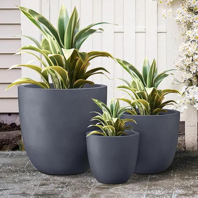 Kante 18",14",10" Dia Concrete Round Planters (Set of 3), Outdoor Indoor Large Planter Pots with Drainage Hole and Rubber Plug for Home Patio Garden, Charcoal by GreenHaven Gardens