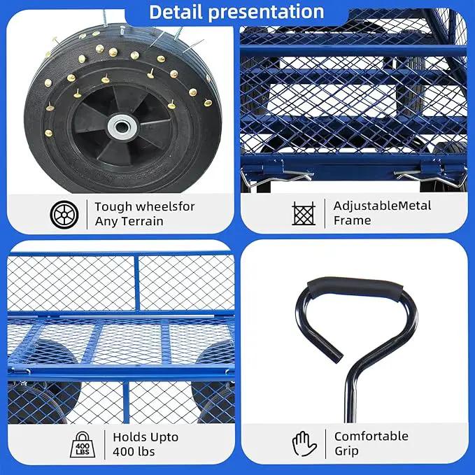 Heavy Duty 480 Lbs Capacity Mesh Steel Garden Cart Folding Utility Wagon with Removable Sides (Blue) by GreenHaven Gardens