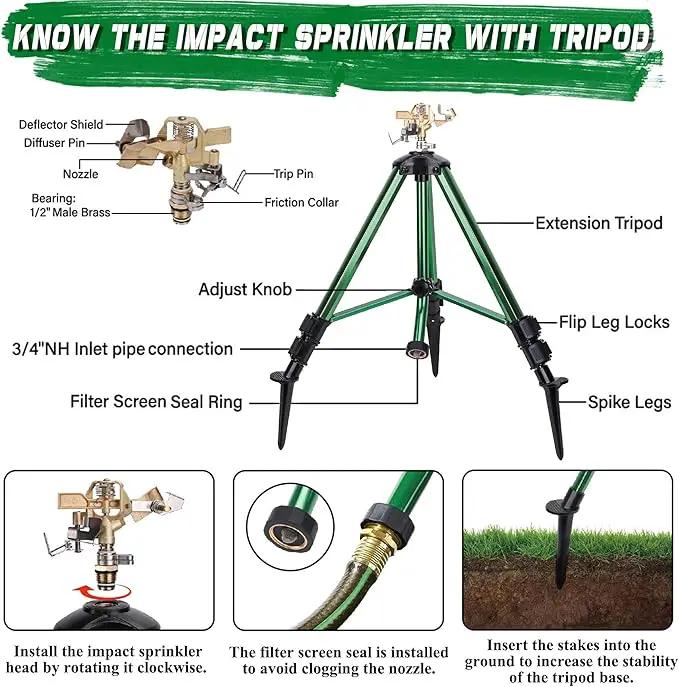 Triumpeek Impact Sprinkler on Tripod Base with Stakes, 360 Degree Large Area Coverage Irrigator with Extension Legs, Adjustable Brass Sprinkler Head Nozzle and 3/4" NH Inlet Hose Connection (1) by GreenHaven Gardens
