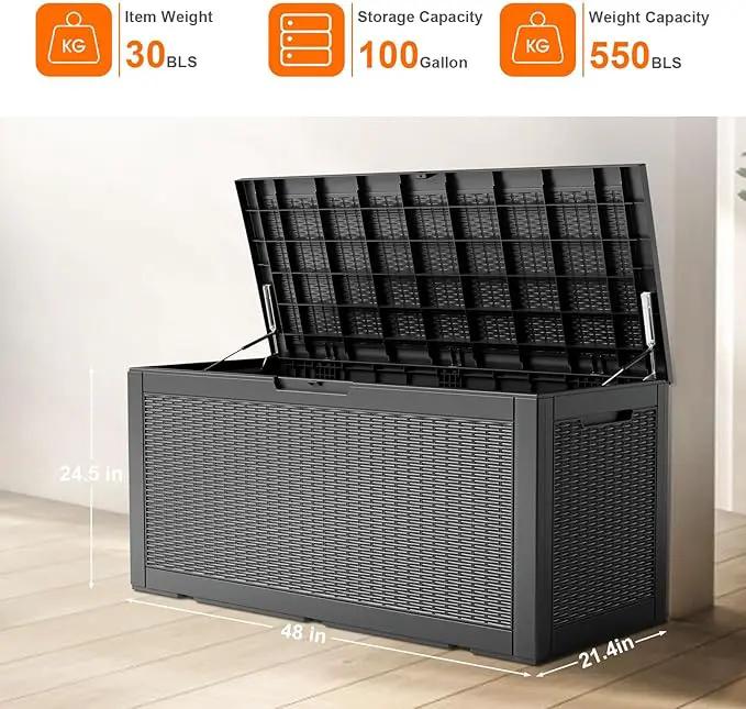 100 Gallon Resin Deck Box, Lockable Patio Outdoor Storage Box for Furniture, Garden Tools and Tools Storage, Waterproof Outside Storage Boxes - Black by GreenHaven Gardens
