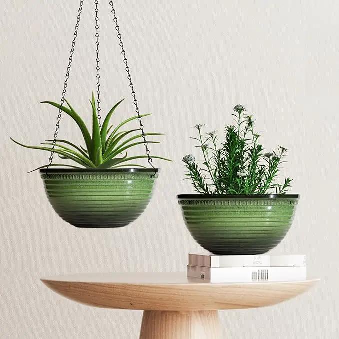 12 inch Hanging Planters for Indoor Outdoor Plants, 2 Pack Large Hanging Flower Pots with Drainage Holes and Chain, Glazed Hanging Baskets for Home Garden Decoration, Green by GreenHaven Gardens