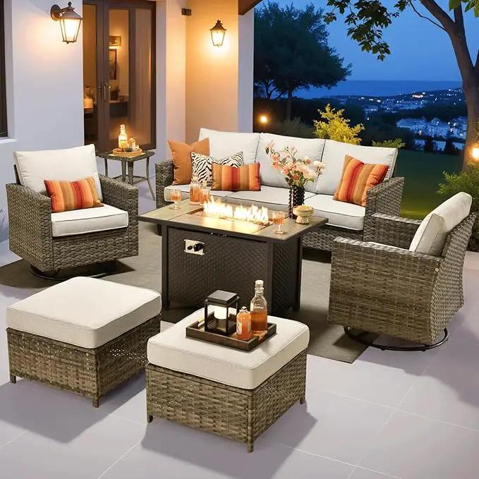 ovios 7 Pieces Patio Furniture Set with 42" Fire Pit Table, Outdoor Wicker Sofa with Swivel Chairs, All Weather High Back Rattan Couch Conversation Set, Grey by GreenHaven Gardens