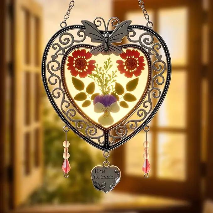 KY&BOSAM Tree of Life Heart Suncatcher I Love You Grandma Butterfly Hangings for Windows Suncatcher with Pressed Real Flower Heart and Charm Birthday Gifts for Women Mothers Day Christmas Ornament by GreenHaven Gardens
