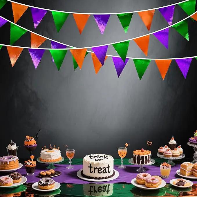 Halloween Party Decorations Metallic Fabric Green Orange Purple Triangle Pennant Banner Flag Bunting for Trick or Treat Spooky Hey Boo Happy Halloween Holiday Birthday Baby Shower Party Supplies by GreenHaven Gardens