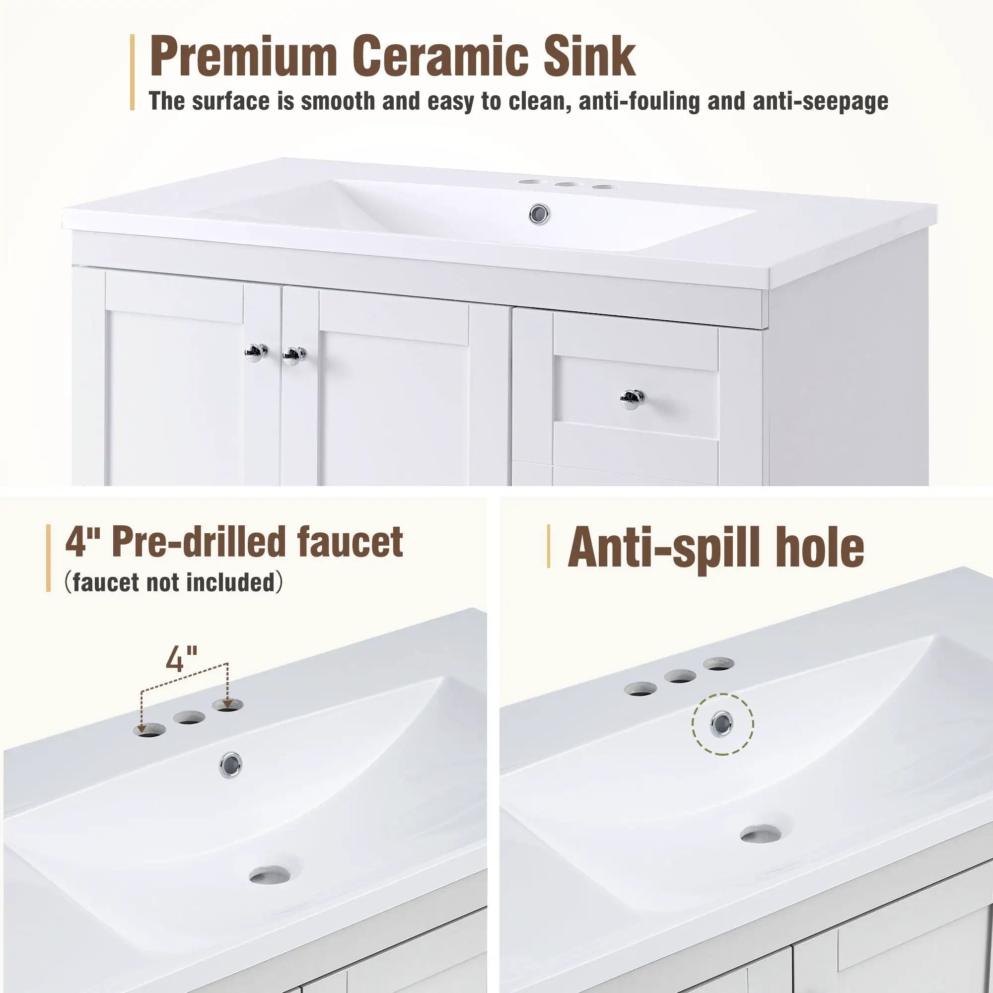 Shaker Free Standing Bathroom Vanity Cabinet & Sink, Soft Close Drawers, Soft Close Doors