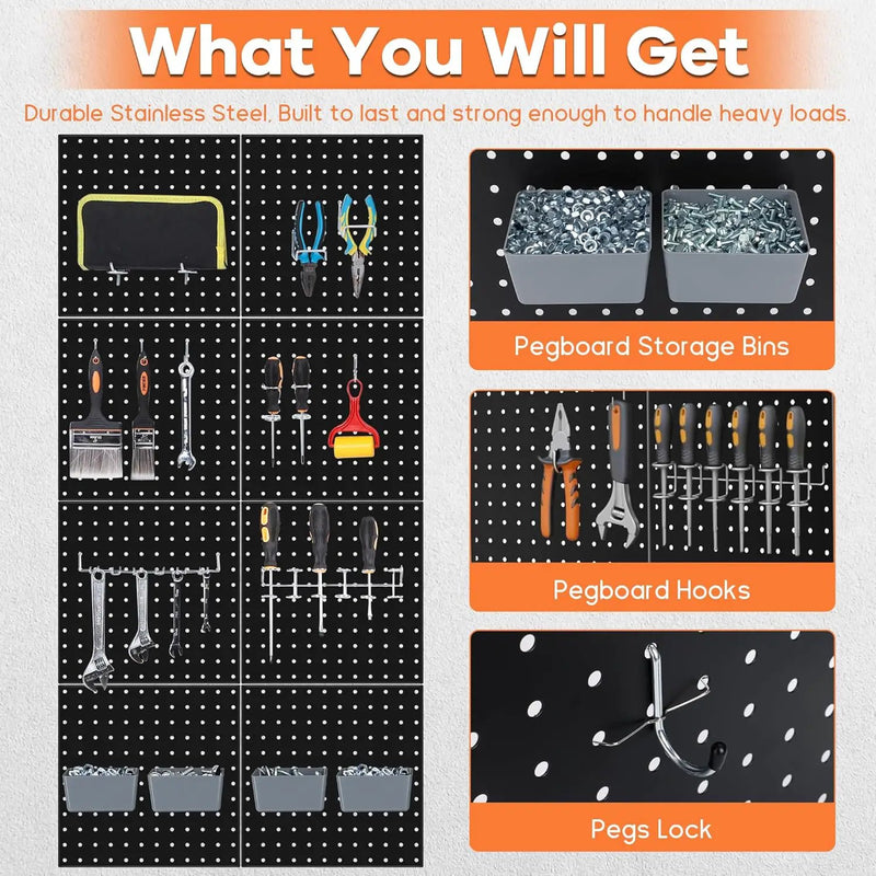 88 PCS Pegboard Panels Metal Black with Accessories Kit, Heavy Duty Steel Peg Boards Wall Tool Organizer with Screw, Bins, Hooks, Peg Locks for Garage, Tool Storage, Office, Craft Room, Kitchen by GreenHaven Gardens