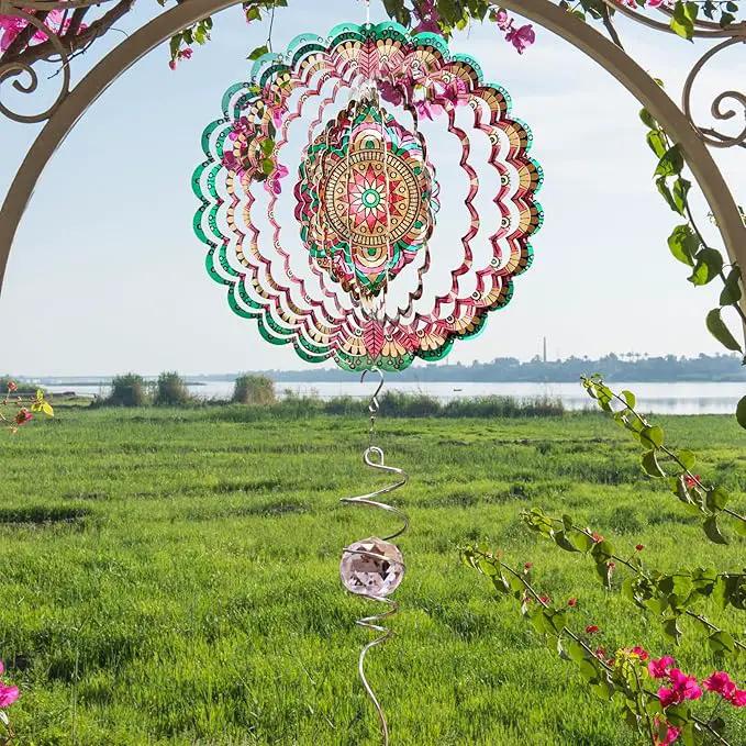 Wind Spinner Mandala Manjusaka Laser Cut Stainless Steel Wind Spinners for Yard and Garden Decoration 3D Kinetic Metal Art Ornament Hanging Wind Sculptures Outdoor Decor Creative Gifts Ideas by GreenHaven Gardens