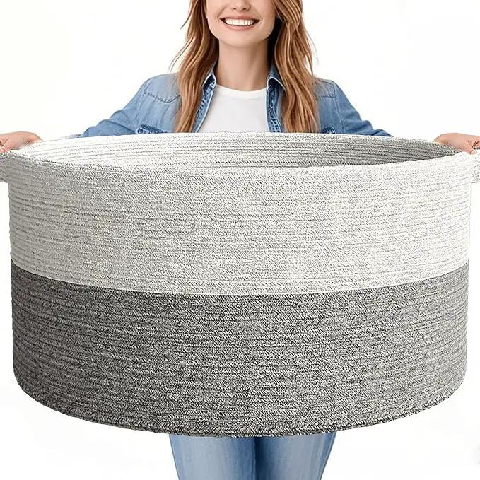125L Extra Large Blanket Basket, 25" x 16", Jumbo Laundry Woven Baskets Decorative Home, Cotton Rope Basket with Handles, Baby Toy Baskets for Storage, White & Gray by GreenHaven Gardens