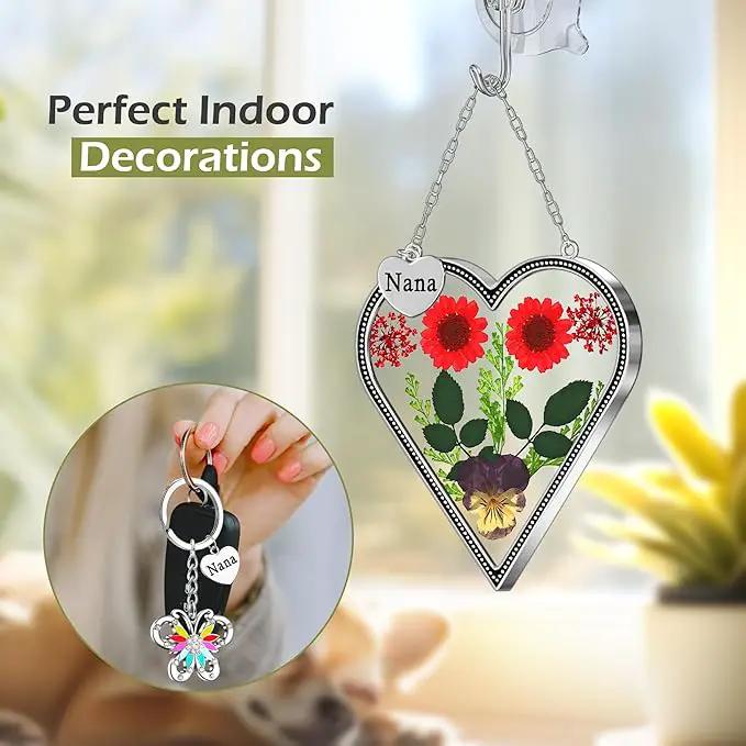 KY&BOSAM Heart Suncatcher Nana Gift for Nana Stain Glass Wind Chime for Window Pressed Flower Between Heart Glass Metal Engraved Charm Gift for Mother's Day Valentine's Birthday Thanksgiving Christmas by GreenHaven Gardens