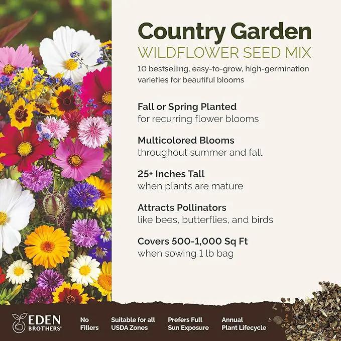 Eden Brothers Country Garden Flower Mixed Seeds for Planting, 1 lb, 480,000+ Seeds with Scarlet Flax, Cosmos Sensation | Attracts Pollinators, Plant in Spring or Fall, Zones 3, 4, 5, 6, 7, 8, 9, 10 by GreenHaven Gardens