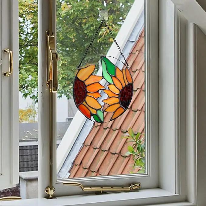 BOXCASA Sunflower Decor Stained Glass Window Hanging,Handmade Art Craft Sun Flower Glass Suncatchers for Window,Tiffany Style Ornament Home Decoration Housewarming Gifts for Mother by GreenHaven Gardens