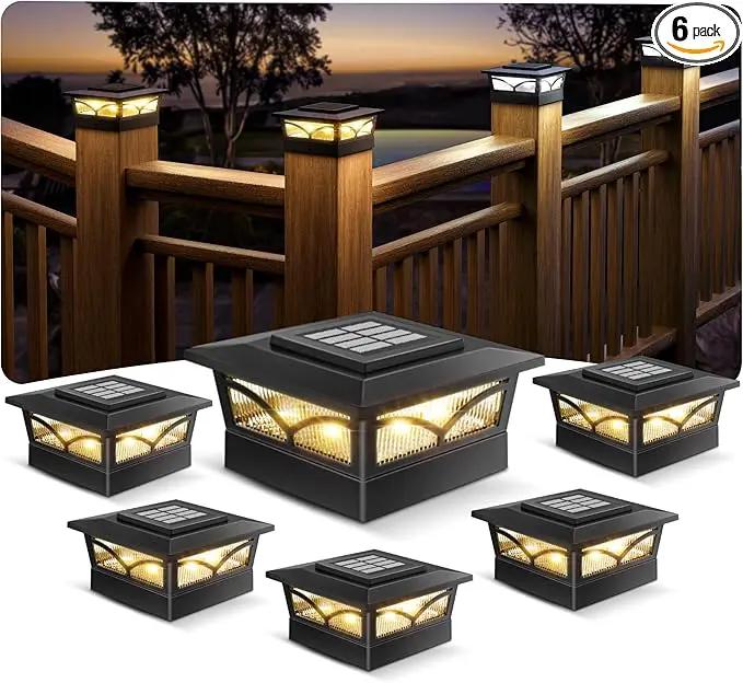 NIORSUN Solar Post Cap Lights Outdoor, 2 Modes LED, Deck Fence Post Solar Lights for 3.5x3.5 4x4 Caps Patio Garden Decoration, Warm White/Cool White Lighting Black 6 Pack by GreenHaven Gardens