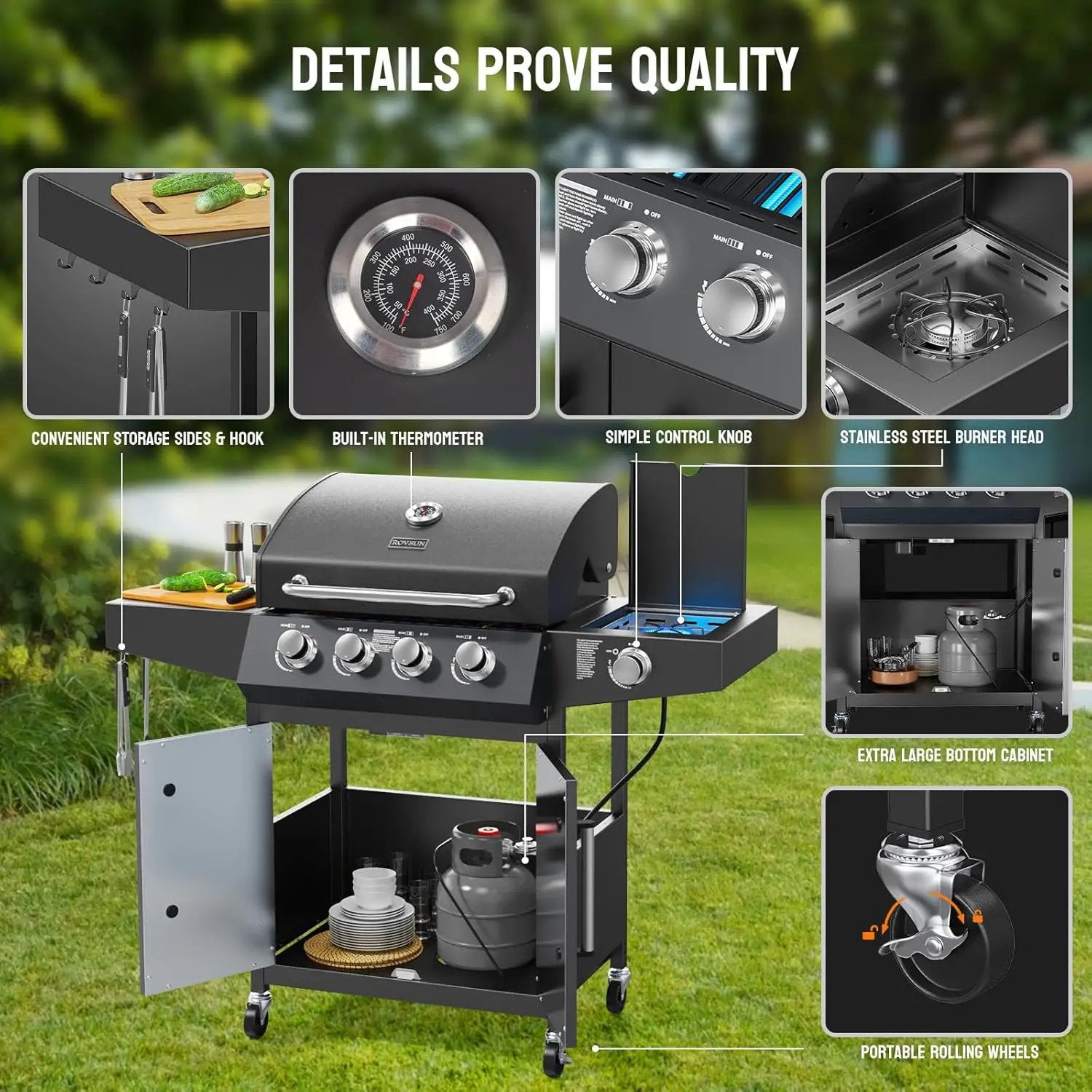 ROVSUN 4 Burner Propane Gas Grill with Side Burner, 58,000BTU BBQ Grills with Enameled Cast Iron Grates, Shelf & Cabinet for Outdoor Garden Patio Backyard Barbecue Cooking by GreenHaven Gardens
