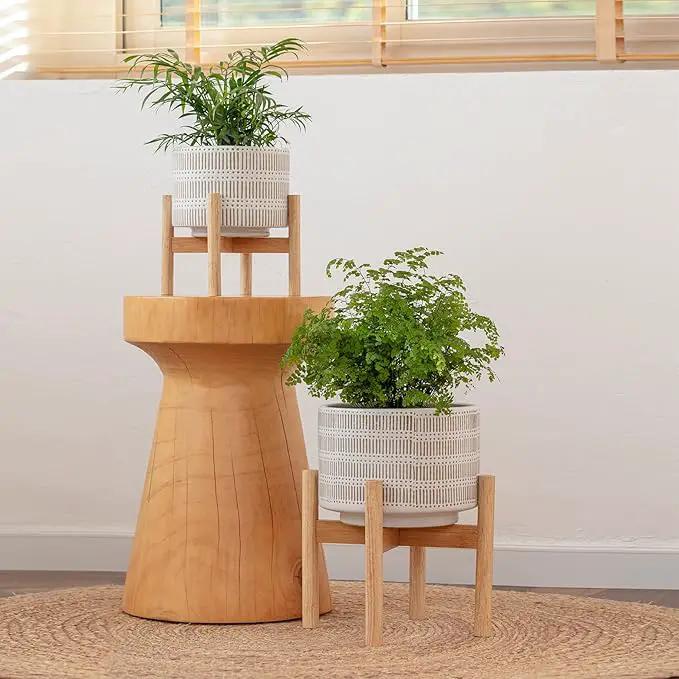 LA JOLIE MUSE Ceramic Plant Pot with Wood Stand - 9.4 Inch Modern Round Decorative Flower Pot Indoor with Wood Planter Holder, Beige & White by GreenHaven Gardens