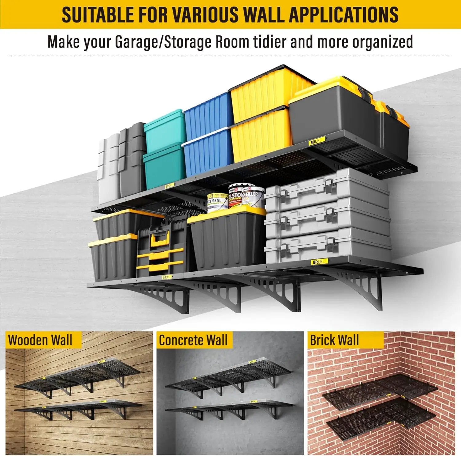 4Pack 2x3ft Adjustable Metal Garage Wall Shelving Heavy Duty Garage Storage Shelf Wall Mounted Black by GreenHaven Gardens