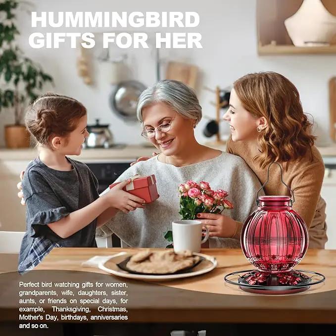 2 Pack Glass Hummingbird Feeder for Outdoors Hanging, Bird Nectar Feeder with Perch & 5 Flower Feeding Ports, 26 Oz Leak Proof for Outside Garden Decor Backyard, Gifts for Women Mom, Red & Green Blue by GreenHaven Gardens