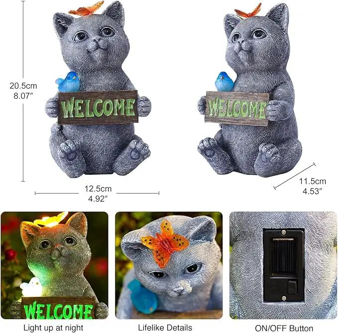 Goodeco Solar Cat with Welcome Sign - Outdoor Cat Statue with Solar Butterfly & Bird Lights - Perfect Cat Decor for Cat Lovers, Ideal Housewarming Gifts for Women & Moms (Gray) by GreenHaven Gardens