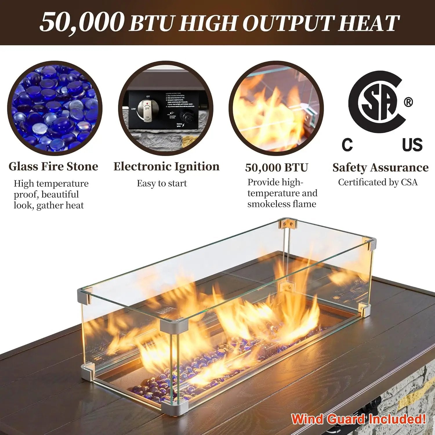 43¡± Propane Fire Pit Table Outdoor Rectangular Stone Firepit Table 50,000 Btu Propane Fire Tables for Outside Patio with Glass Wind Guard, Lid, Fire Glass Beads,Brown Rock Look by GreenHaven Gardens