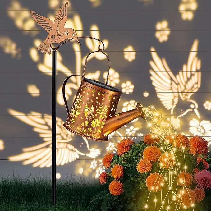 Outdoor Hanging Solar Lantern Waterproof Set Outside Metal Sprinkler Openwork Hummingbird Landscape Lights for Garden Yard Patio Pathway Decor Birthday Gifts for Women Mom Grandma -with Floor Pole by GreenHaven Gardens