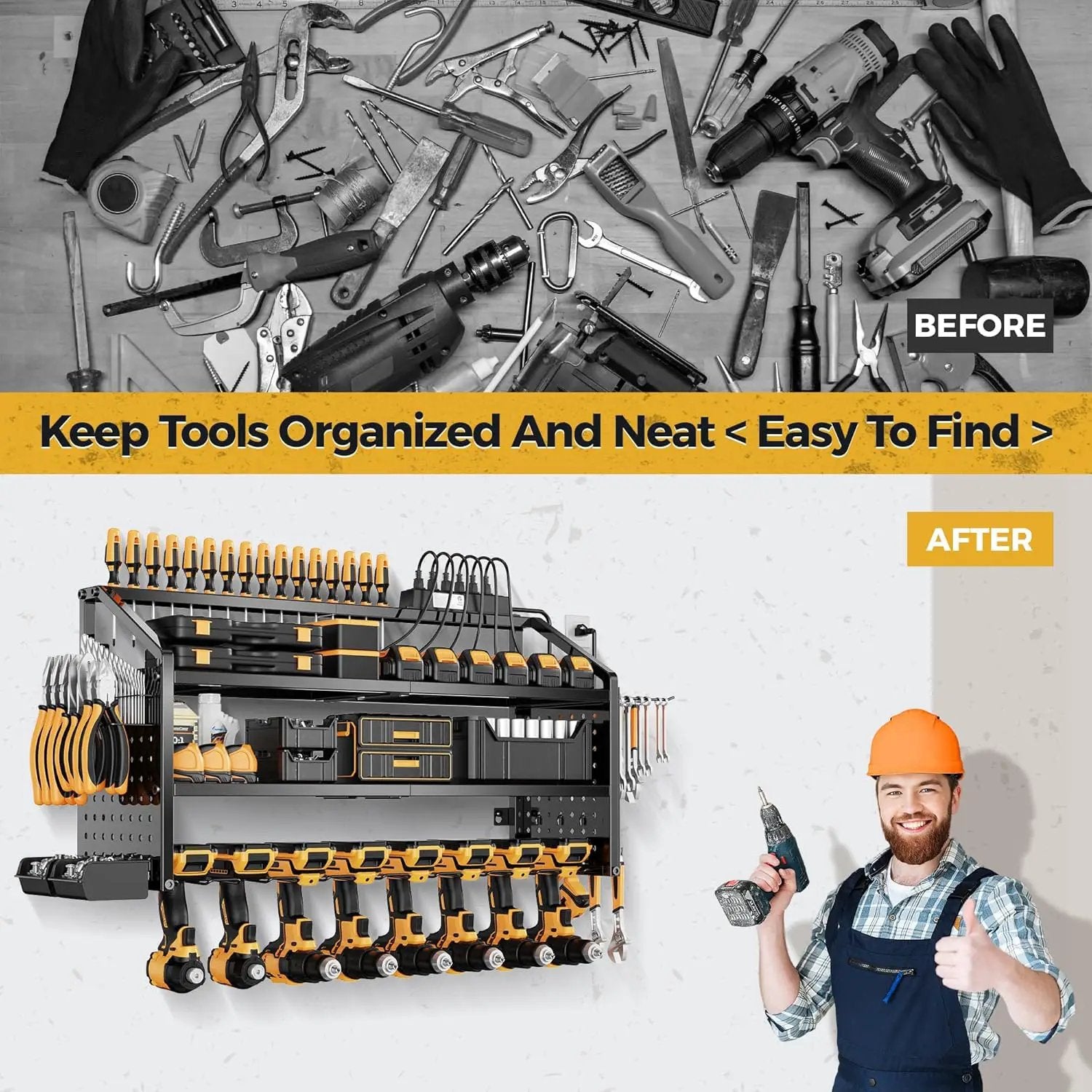 LBT Large Power Tool Organizer Wall Mount with Charging Station, 8 Drill Holder, 4 Layer Heavy Duty Metal Tool Storage Rack, 6 Power Strip, 8 Hooks, 2 Screw Boxes, Cool Gifts for Him Fathers Day by GreenHaven Gardens