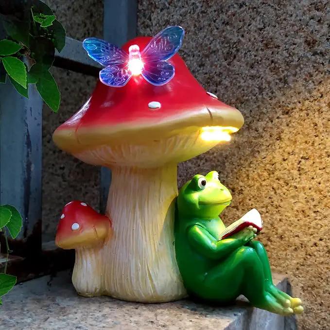 Solar Frog Mushroom Garden Statues,Resin Frog Mushroom Reading a Book Figurine with LED Solar Lights, Lawn Decor Outdoor Statue for Patio,Balcony,Yard,Lawn Ornament by GreenHaven Gardens