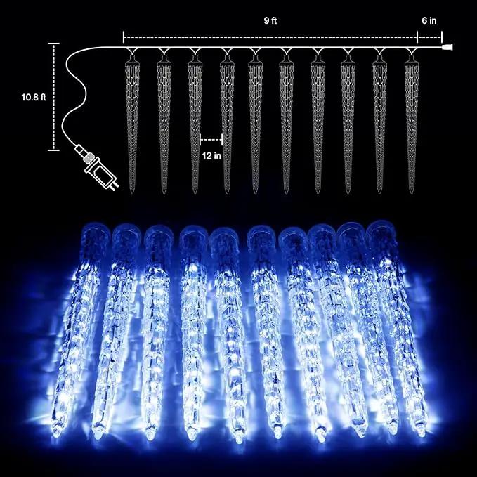 Christmas Icicle Lights Outdoor, 10Ft. Meteor Shower Lights with 10 Large Icecycles, Snowfall Shooting Star Light Effect, Falling Crystal Christmas Decorations for House Eave Roofline Patio, Blue by GreenHaven Gardens